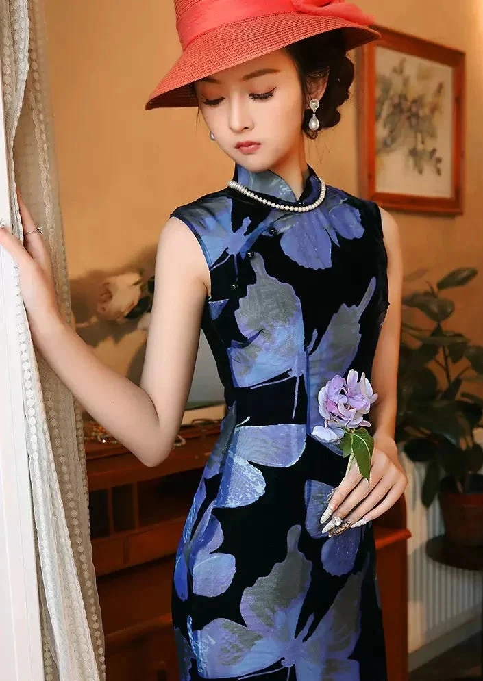 Women Velvet Qipao Dress High Slit Daily Hanfu Plus Size | HANFUBAO
