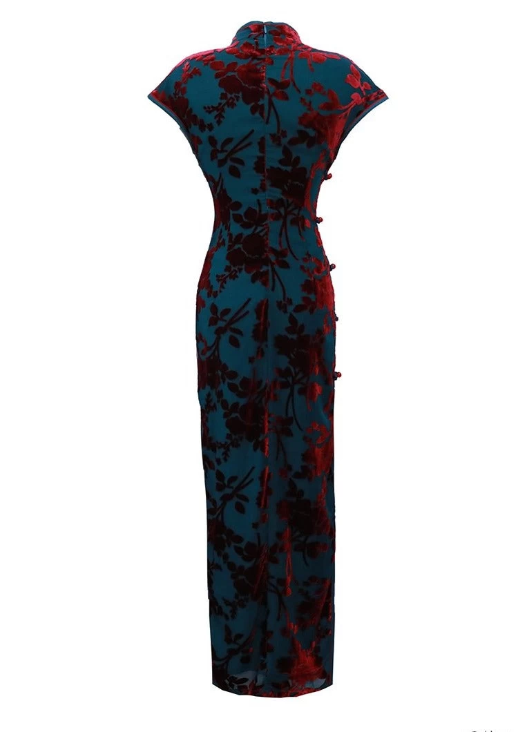 Women Vintage Navy Velvet Qipao Cheongsam High Slit Evening| HANFUBAO