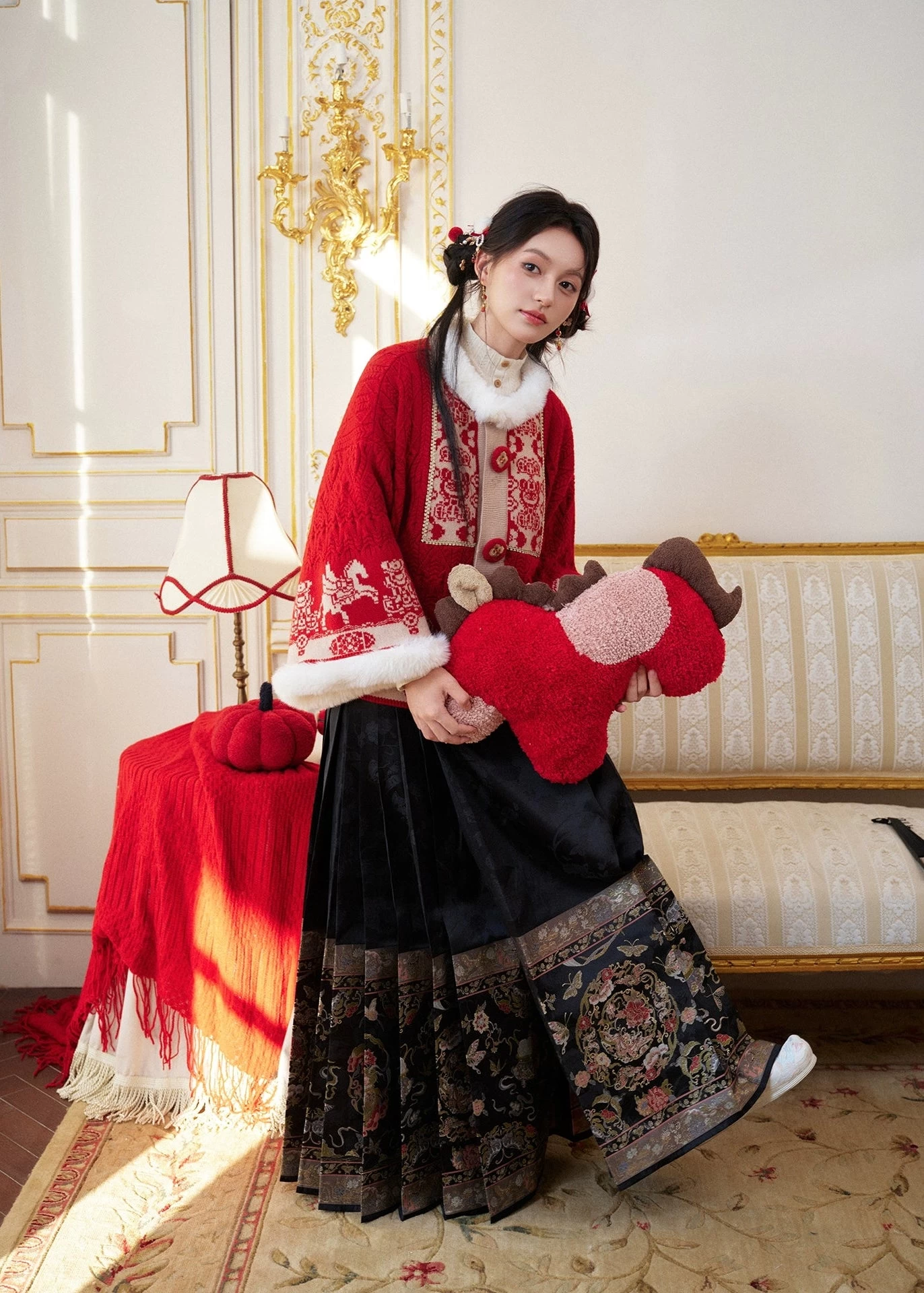 HANFUBAO | Women Acrylic Modern Hanfu Knit 3pc Set Festive Red Embroidery S-L