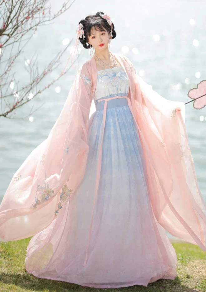 Women Modern Hanfu Chiffon Dress Set Pink Aqua 4-Piece | HANFUBAO