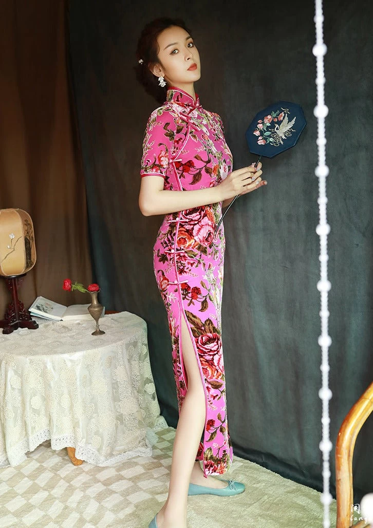 Women Velvet Modern Hanfu Qipao Cheongsam Pink Rose | HANFUBAO
