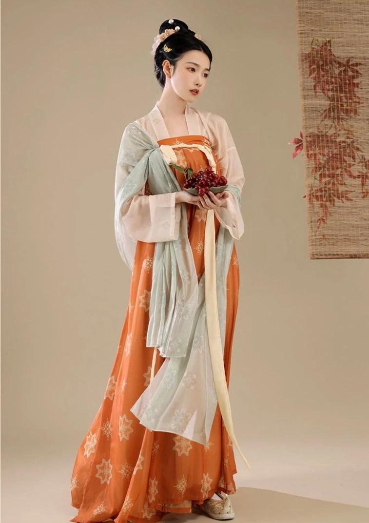 Women's Vintage Floral Embroidery Orange Chiffon Hanfu Dress Set| HANFUBAO