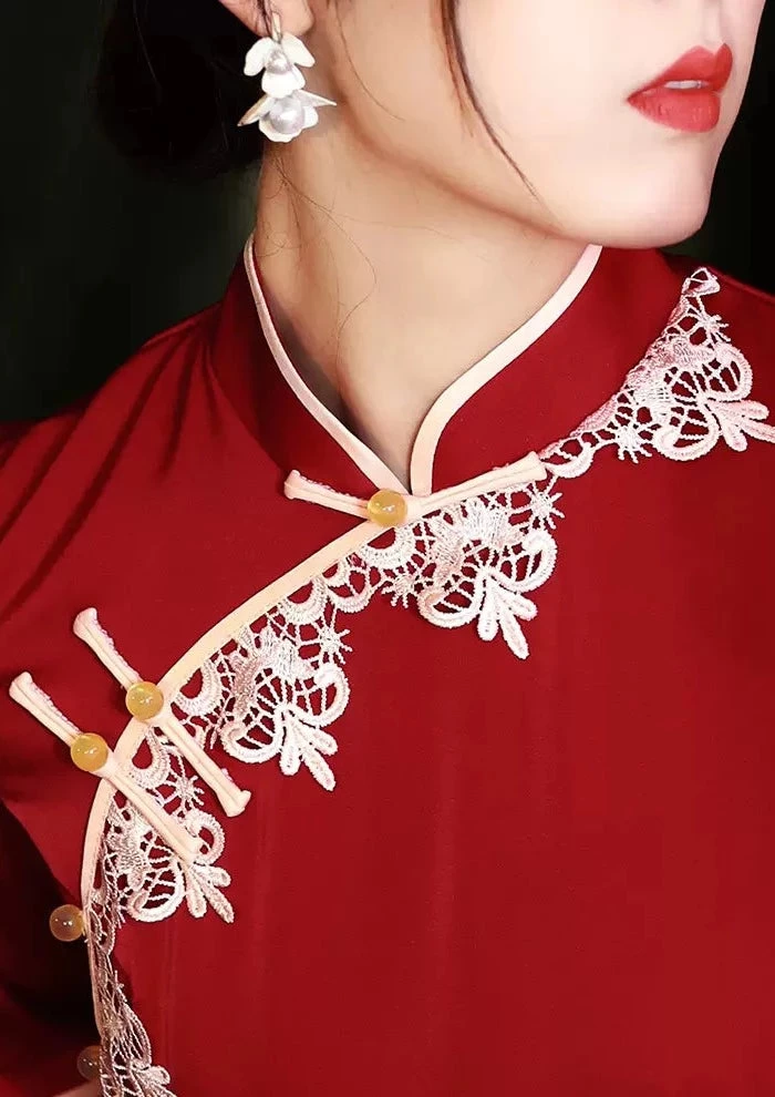 Women Modern Hanfu Satin Qipao Dress Ruby Red | HANFUBAO