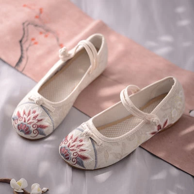 Women Hanfu-Inspired Canvas Floral Embroidered Shoes Ivory/Blush | HANFUBAO
