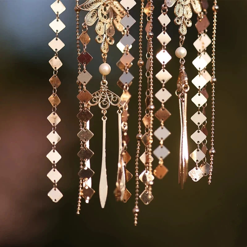 Women Metal Tassel Hairpins Gold Elegant Hanfu Wedding Party | HANFUBAO