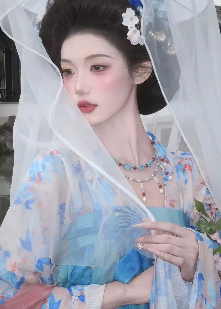 Women's Plus Size 3-Piece Daily Hanfu Chiffon Set Blue | HANFUBAO