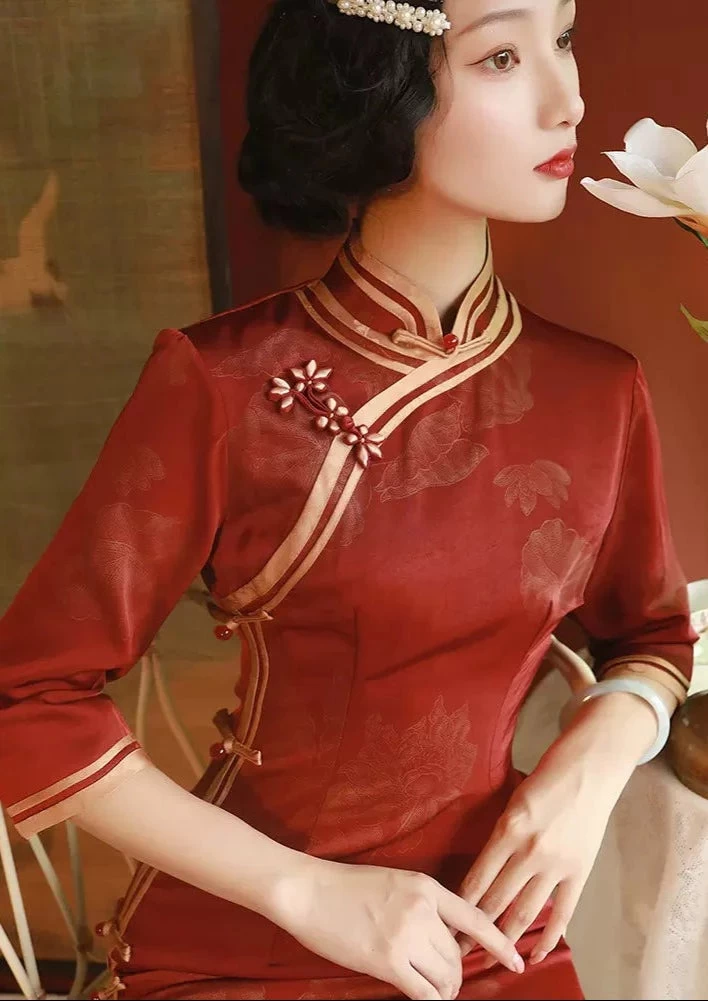 Women Acetate Satin Modern Hanfu Qipao Dress Wine Red | HANFUBAO