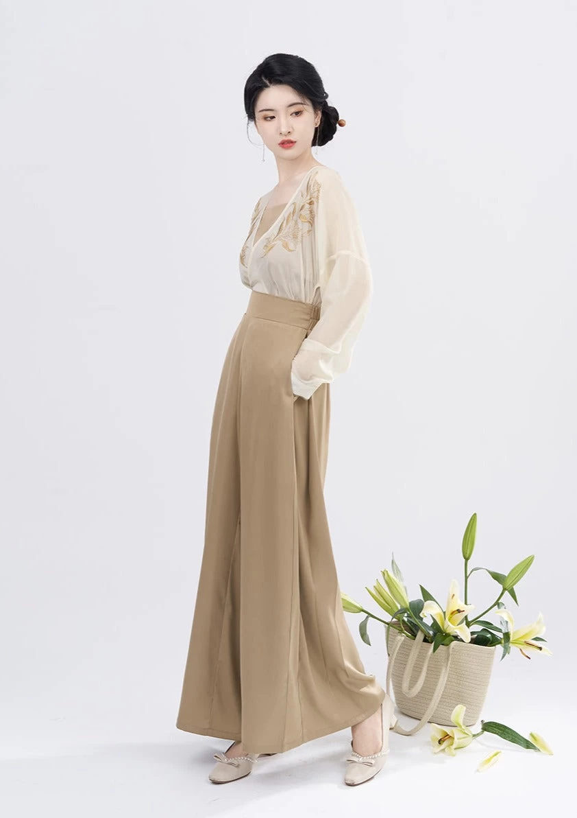 Women's Daily Hanfu Set Modern Beige Tie-Dye Tank+Blouse+Pants | HANFUBAO