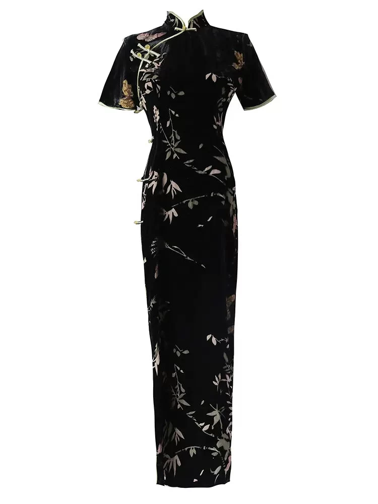 Women's Velvet Qipao Dress Black Bamboo Print, High Slit | HANFUBAO