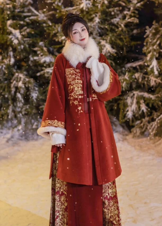 Mirelia | Women  Modern Hanfu Dress Set Fur Collar Floral Red XS-XL