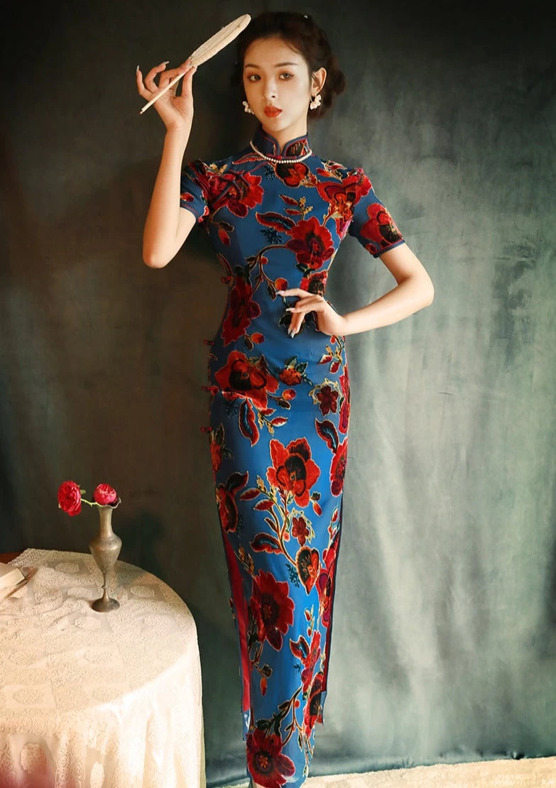Women Vintage Velvet Qipao Cheongsam Blue Camellia Print | HANFUBAO
