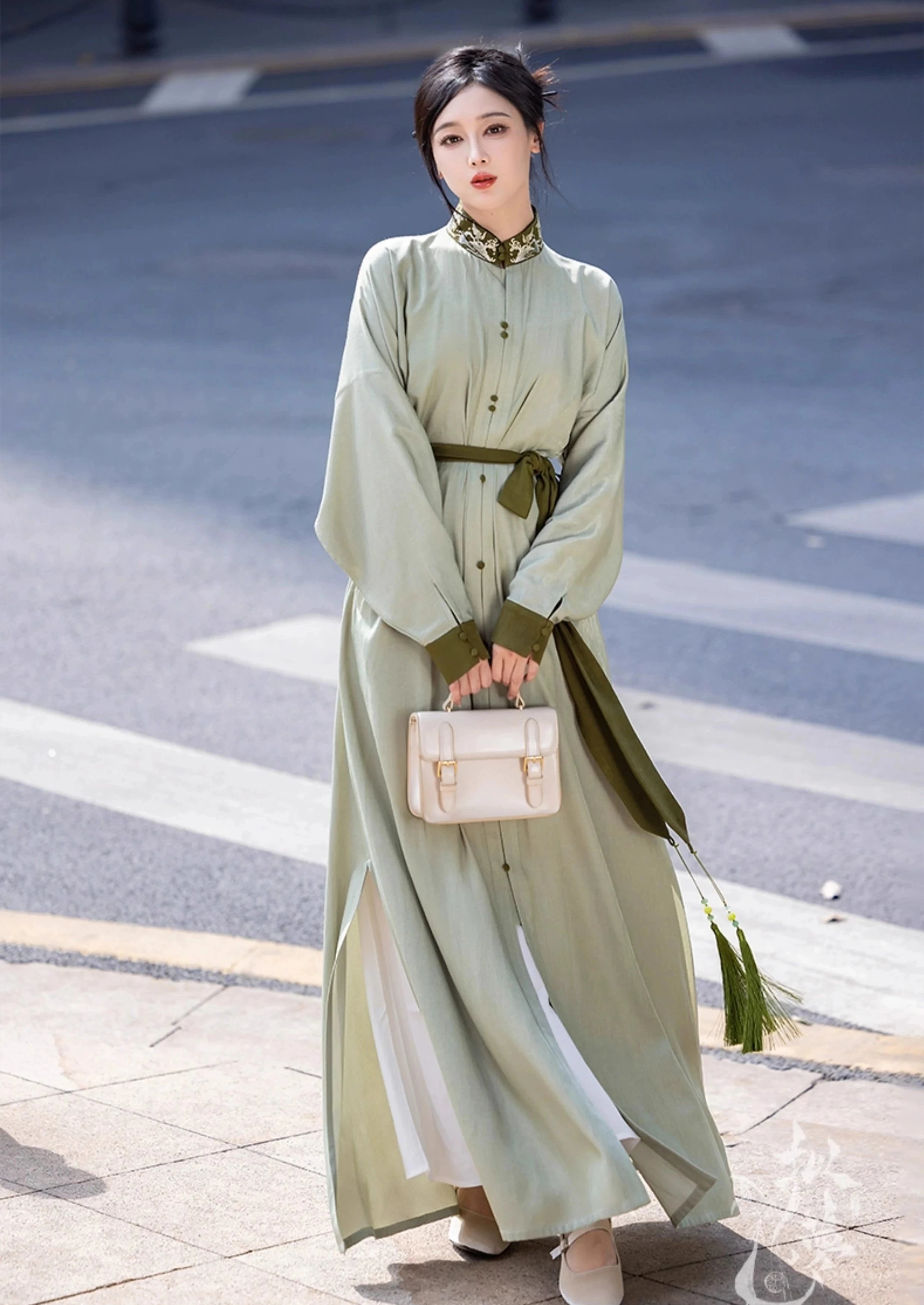 Women's Modern Daily Hanfu One-Piece Dress, Coastal Tide Print, Silk Blend | HANFUBAO