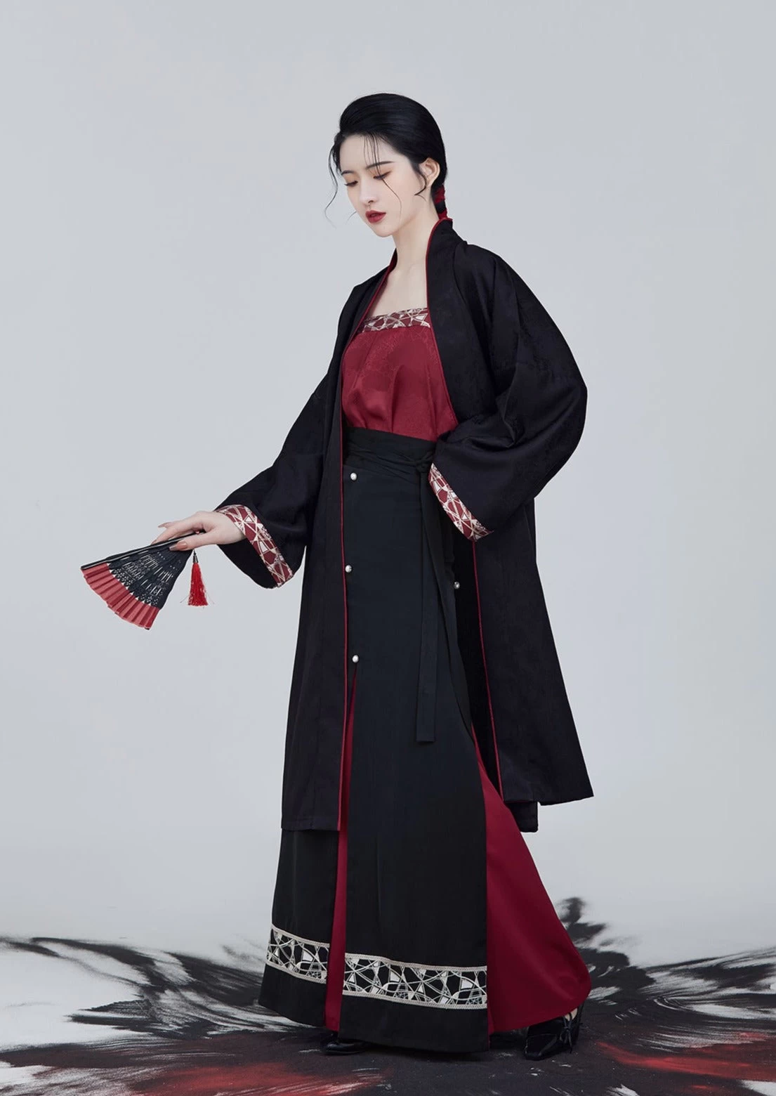 Women Modern Black Daily Hanfu Set Skirt+Top+Coverup | HANFUBAO