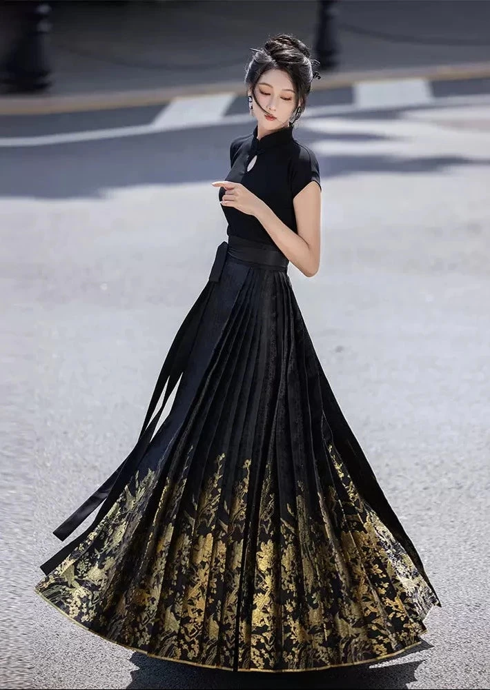 Women's Modern 2-Piece Ma Mian Skirt Hanfu Set Embroidered Polyester| HANFUBAO