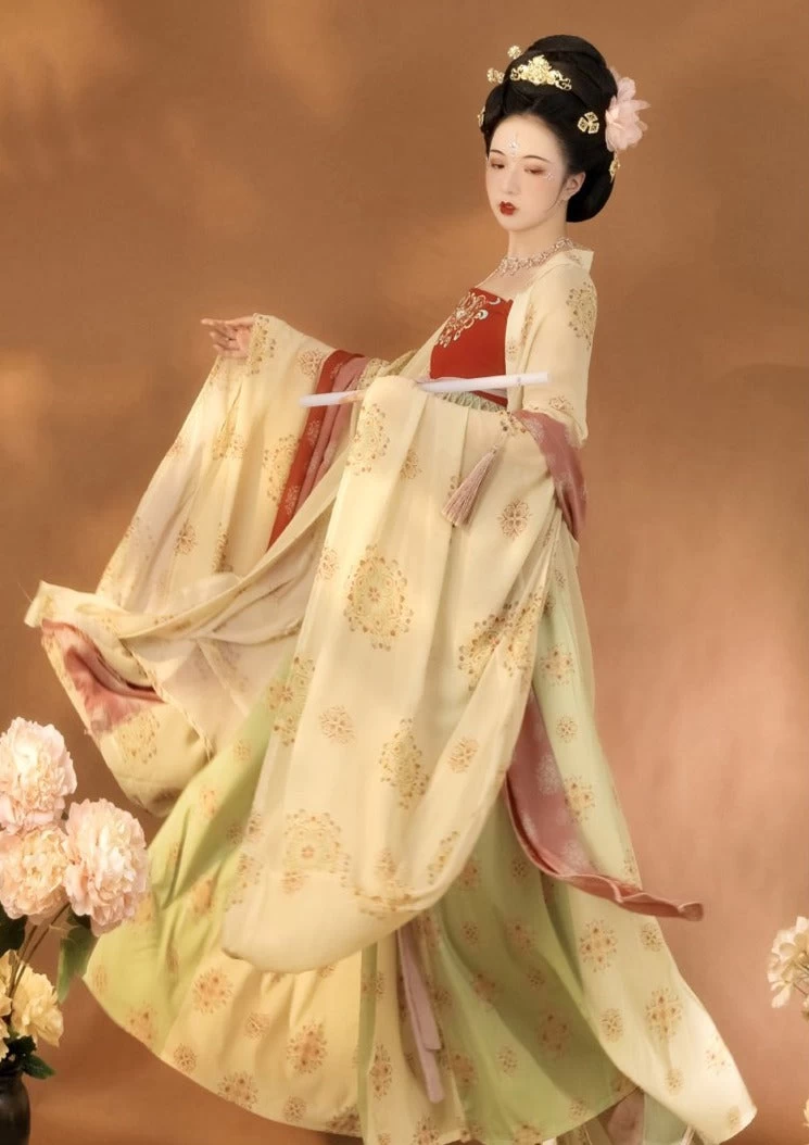 Women’s Modern Chiffon Daily Hanfu Set Tang Yellow Vintage Flower | HANFUBAO