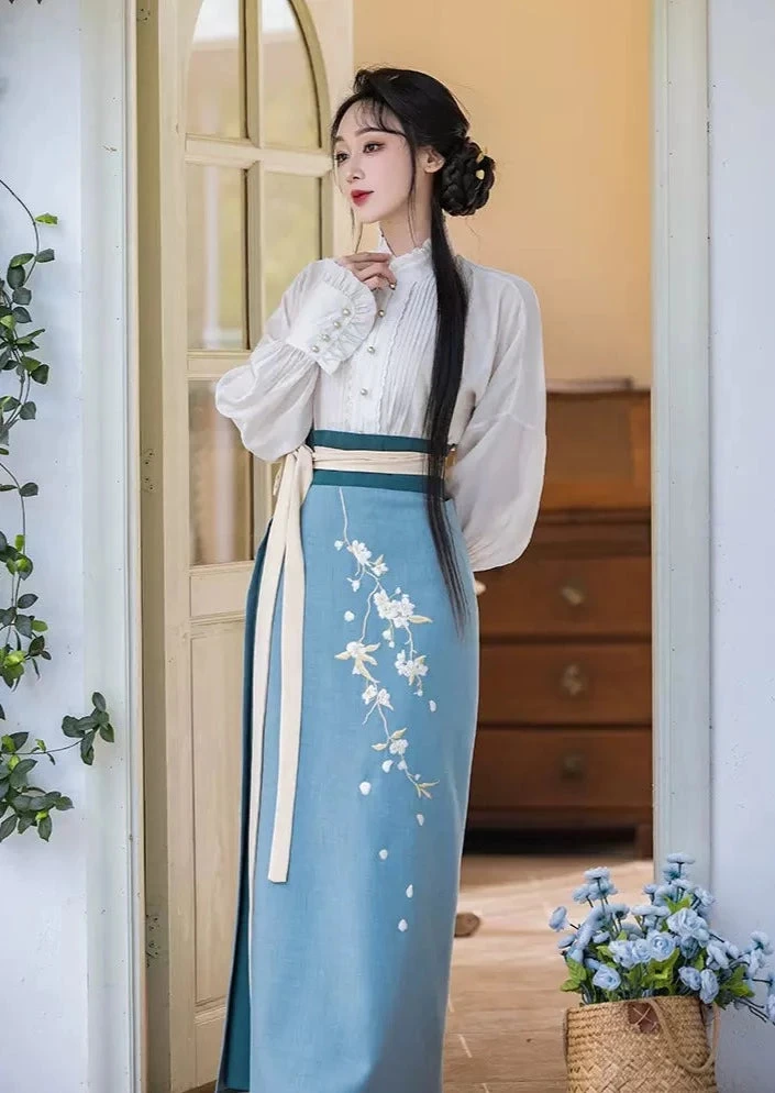 Women Modern Daily Hanfu 4-Piece Set Pear Blossom Print| HANFUBAO