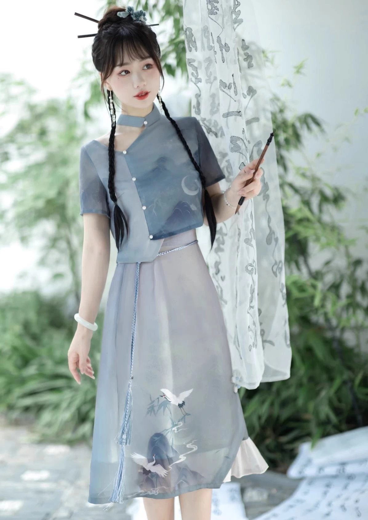 Women Crane Embroidered Modern Chinese Hanfu Dress Set Polyester| HANFUBAO