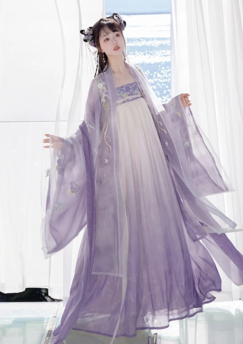 Women Tang Style 4-Piece Lilac Floral Embroidered Chiffon Hanfu Set| HANFUBAO