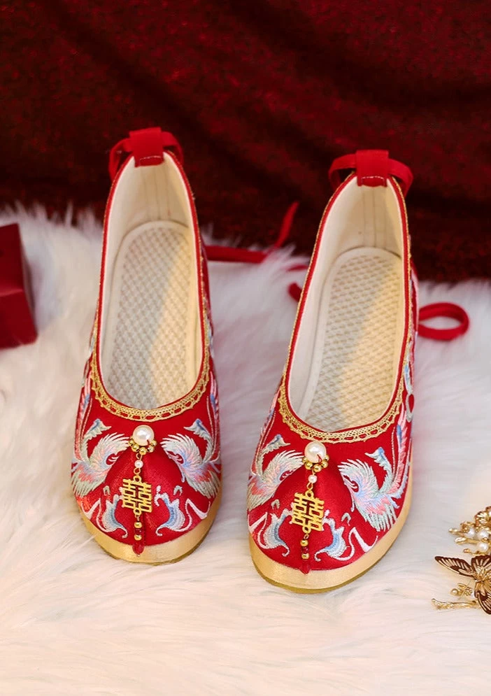 Bridal Embroidered Wedding Shoes Red Floral Butterfly Linen Pearls | HANFUBAO