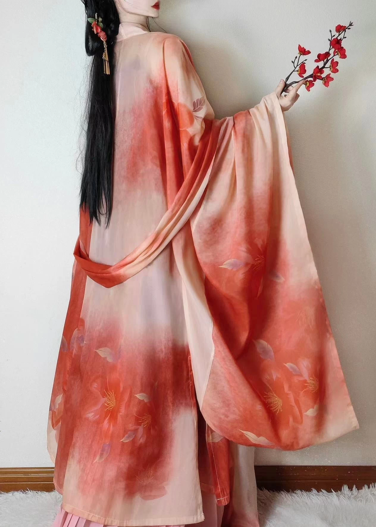 Women's Plus Size Chiffon 3-Piece Hanfu Set Camellia Skirt Coverup Shawl | HANFUBAO