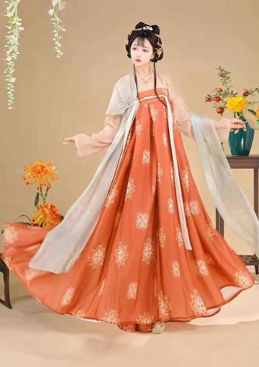 Women Tang Dynasty Hanfu Set Changan Flowers Chiffon Daily Plus Size | HANFUBAO