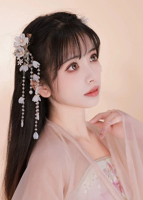 Women Hanfu Flower Goddess Hairpins Pair, Orchid Purple Yarn & Pearls | HANFUBAO