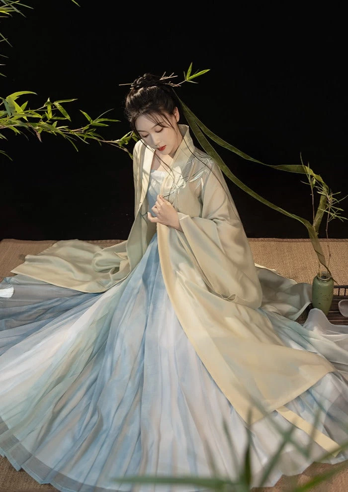 Women's Song Dynasty Daily Hanfu Set Blue Embroidered Lyocell Dress | HANFUBAO