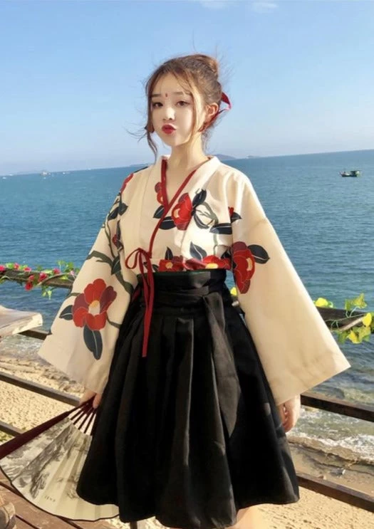 Women Modern Daily Hanfu Top & Short Skirt Black/Red Camellia Print  | HANFUBAO