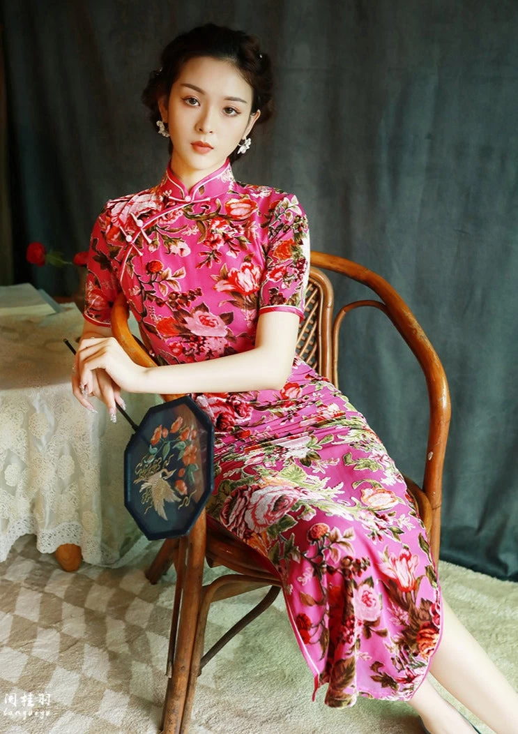 Women Velvet Modern Hanfu Qipao Cheongsam Pink Rose | HANFUBAO