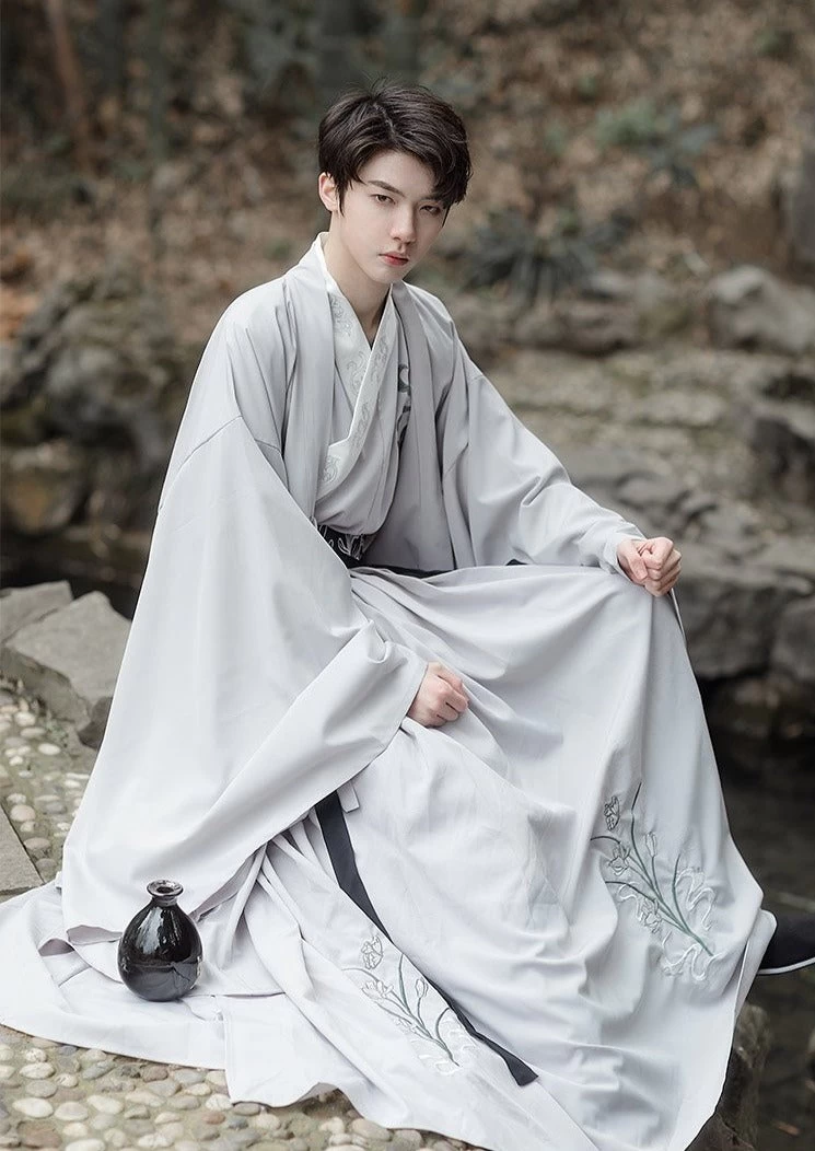Men's Daily Hanfu Set Gray Orchid Embroidery Yarn  Plus Size | HANFUBAO