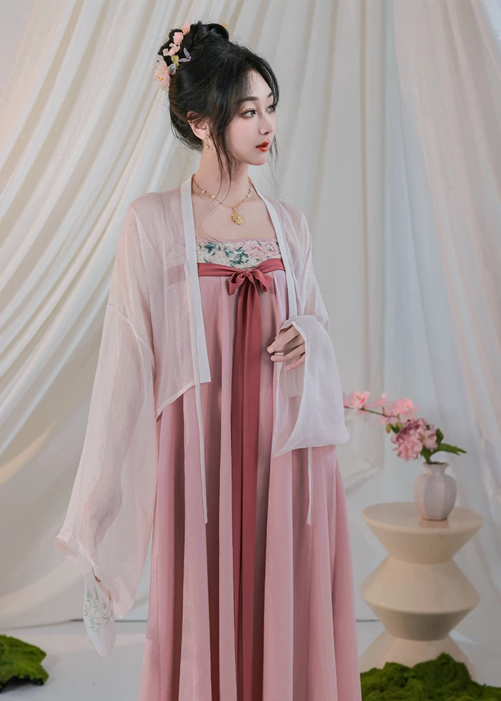 Women’s Modern Chiffon 2-Piece Daily Hanfu Set, Spring Bloom Floral | HANFUBAO