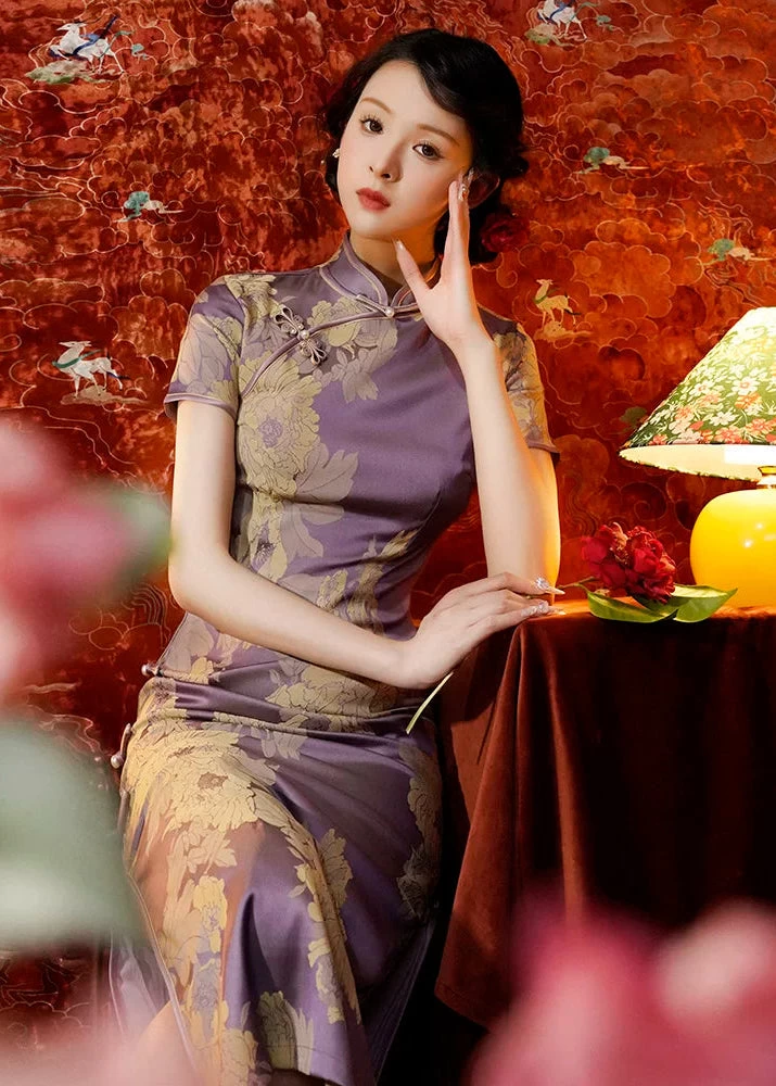 Women Satin Modern Hanfu Qipao Purple Peony Print | HANFUBAO