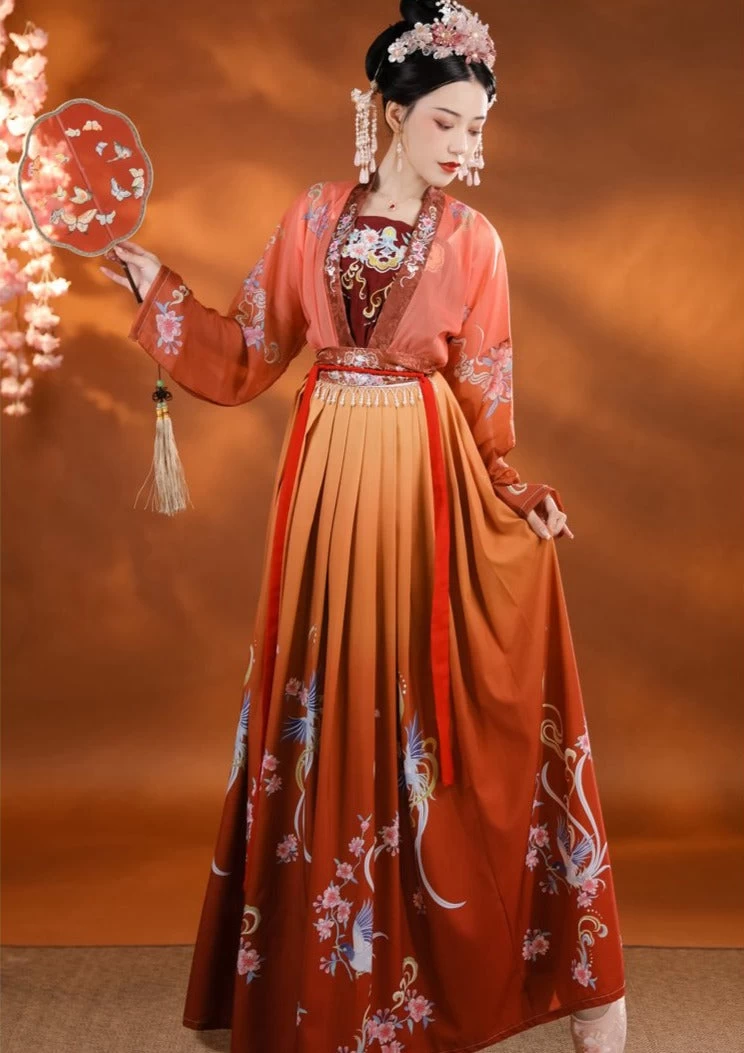 Women Modern Daily Hanfu Set Blue/Orange Magpie Print Flower Embroidery | HANFUBAO