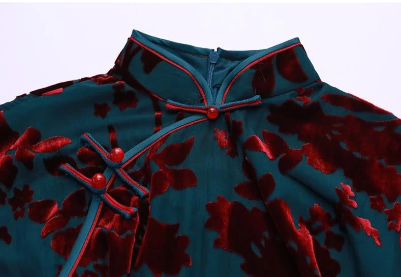 Women Vintage Navy Velvet Qipao Cheongsam High Slit Evening| HANFUBAO