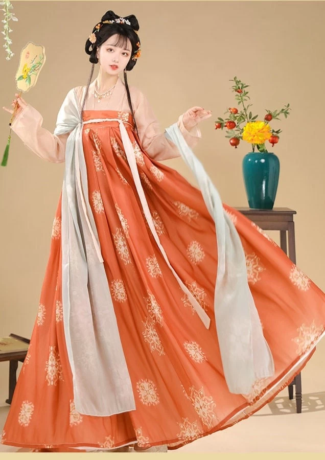 Women Tang Dynasty Hanfu Set Changan Flowers Chiffon Daily Plus Size | HANFUBAO