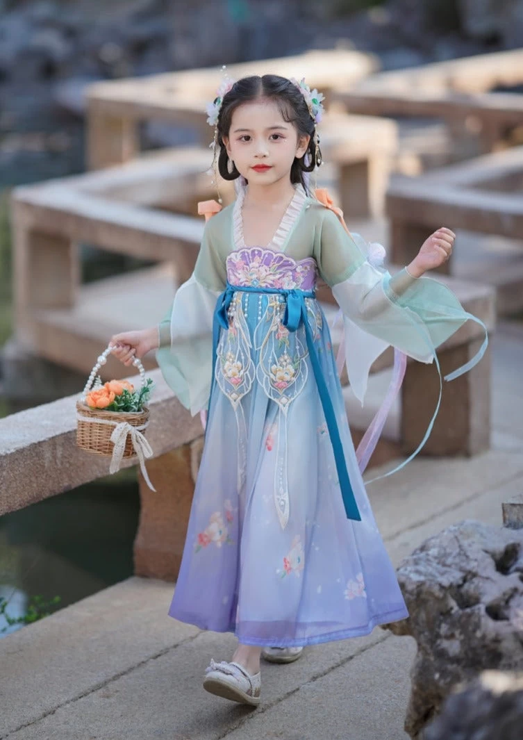 Girls Daily Hanfu Chiffon Pink Flower Embroidered Dress | HANFUBAO