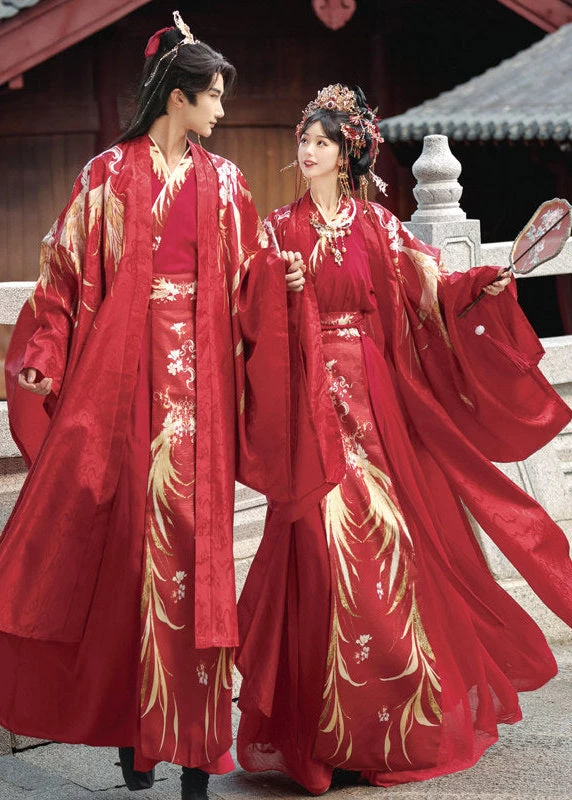 Women 3-Piece Wedding Hanfu Crane Feather Embroidered Red Plus Size| HANFUBAO