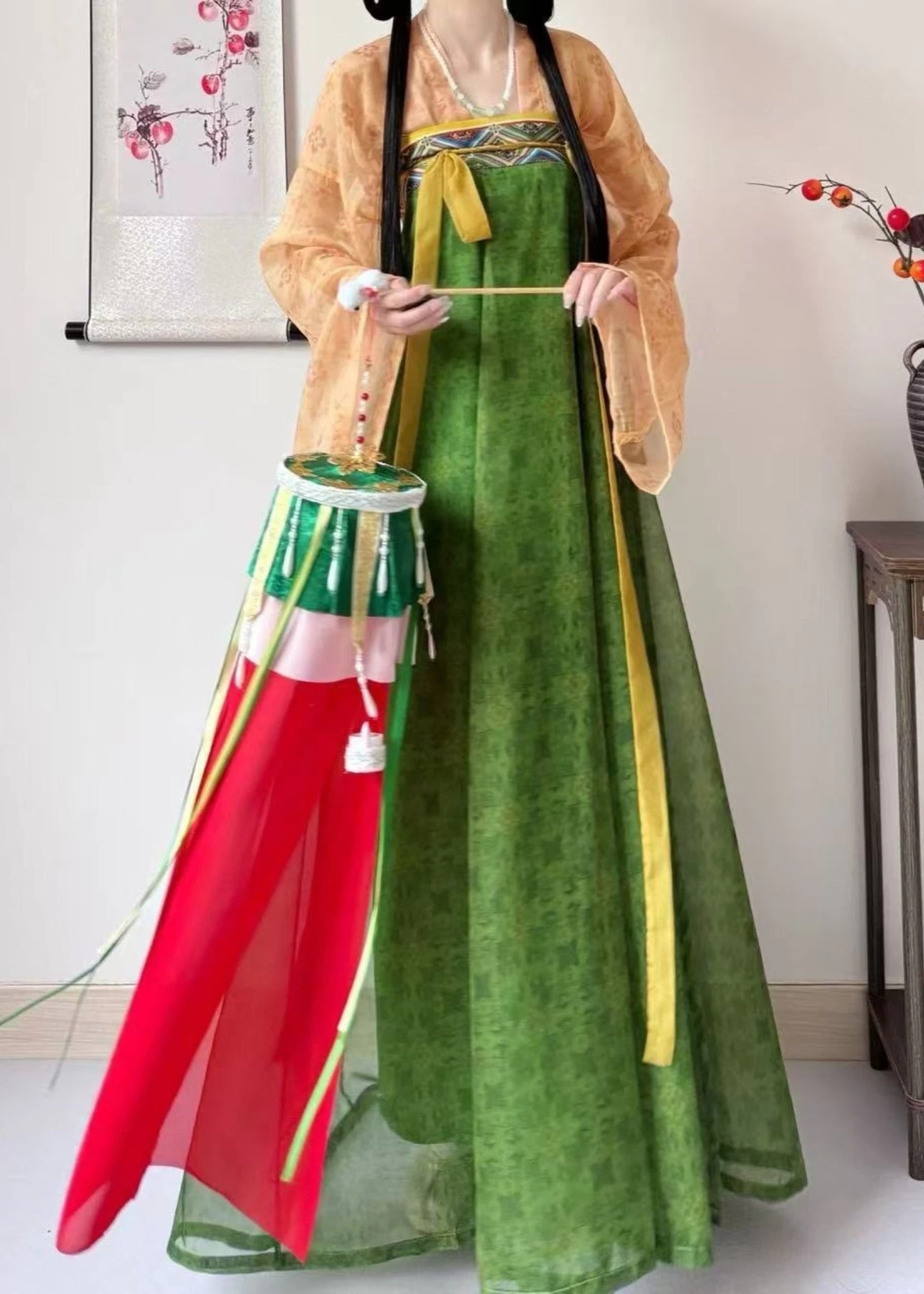 Women’s Plus Size Chiffon Modern Hanfu 3-Piece Set Beige Floral | HANFUBAO