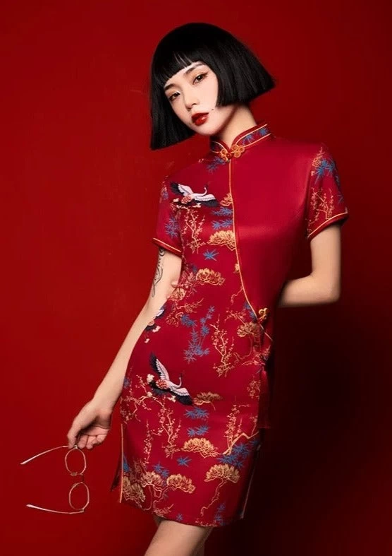 Women's Mini Qipao Dress Crane Print  Plus Size Daily Events| HANFUBAO