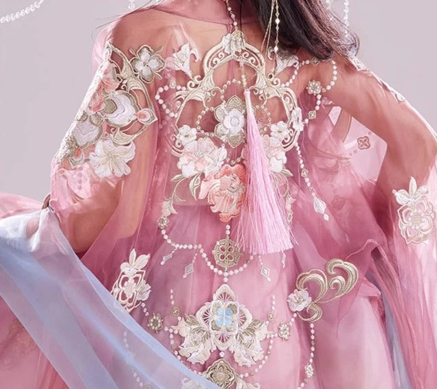 Women Modern Daily Hanfu 3-Piece Peach Blossom Floral Embroidery Yarn Set | HANFUBAO