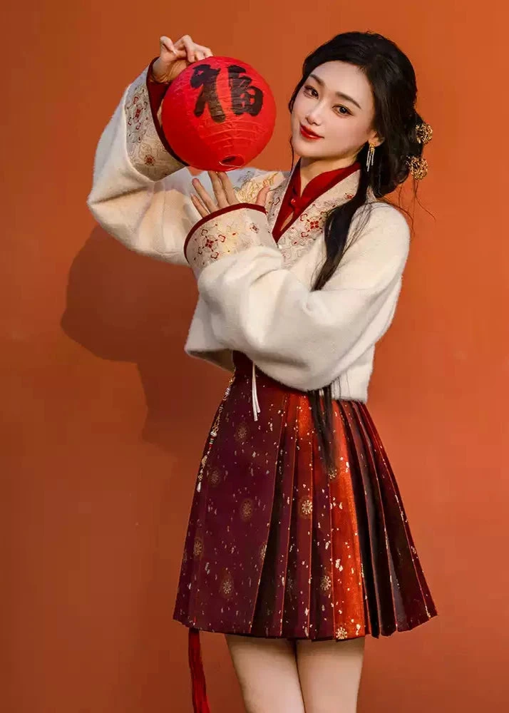 Women  Modern Hanfu 3-Piece Mamian Dress Set Red Embroidered | HANFUBAO