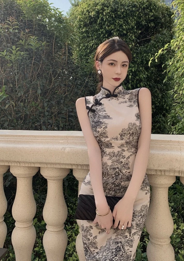 Women's Vintage Ink Wash Printed Beige Qipao Cheongsam Dress| HANFUBAO