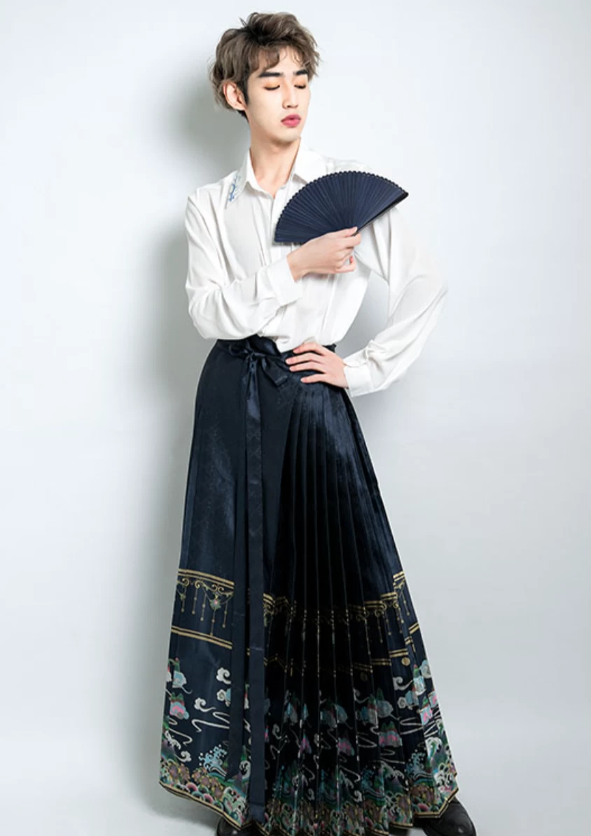 Unisex Modern Hanfu Daily Wide-Hem Skirt Black  | HANFUBAO