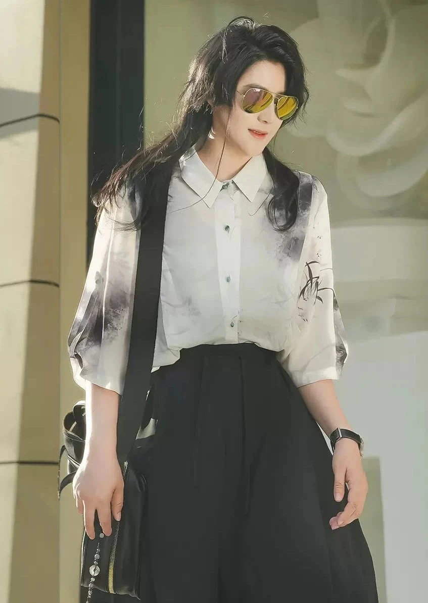 Unisex Modern Summer Hanfu Set, Clivia Print, Plus Size, Polyester-Spandex | HANFUBAO