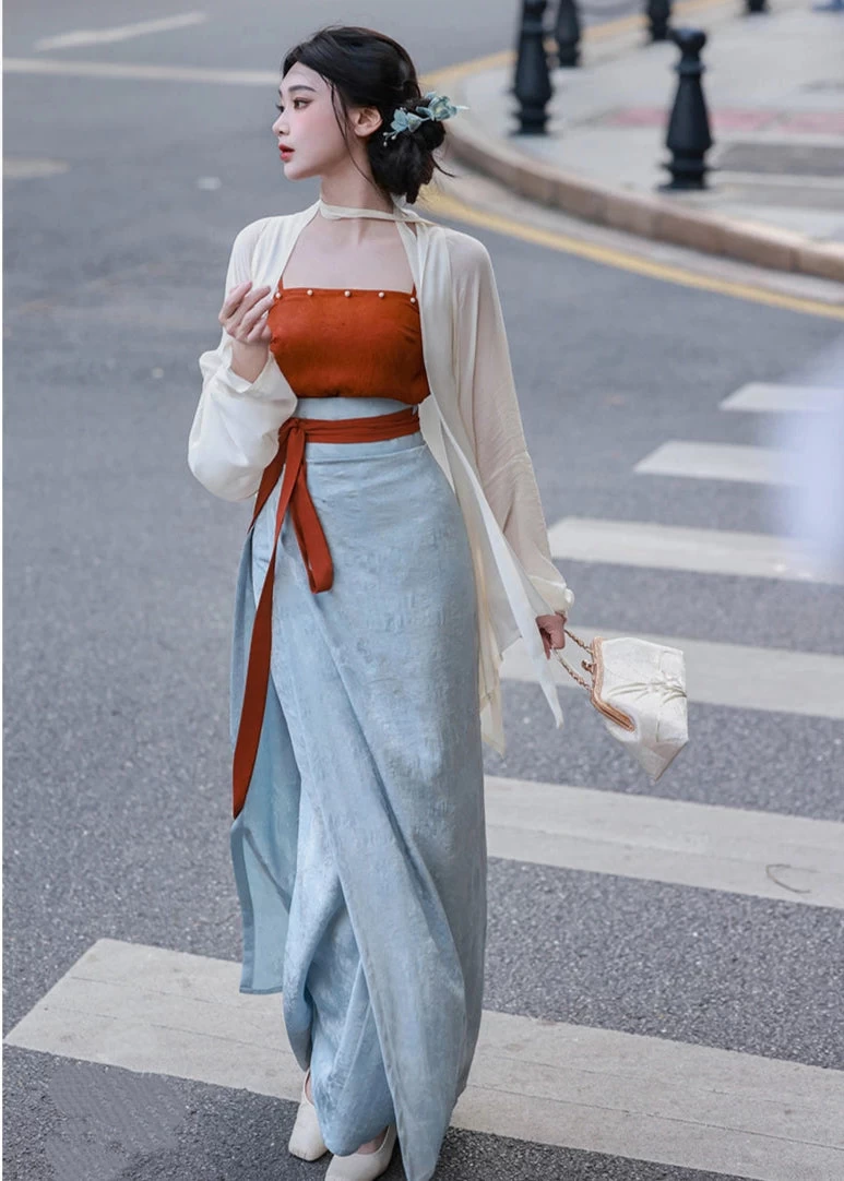 Women 3-Piece Daily Hanfu Set Mist Wait Tencel Skirt Top Cover-Up | HANFUBAO