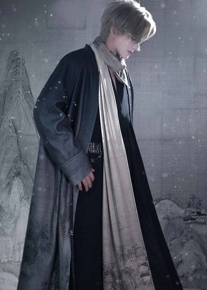 Unisex Modern Hanfu  Coat & Scarf Snow Mountain Print | HANFUBAO