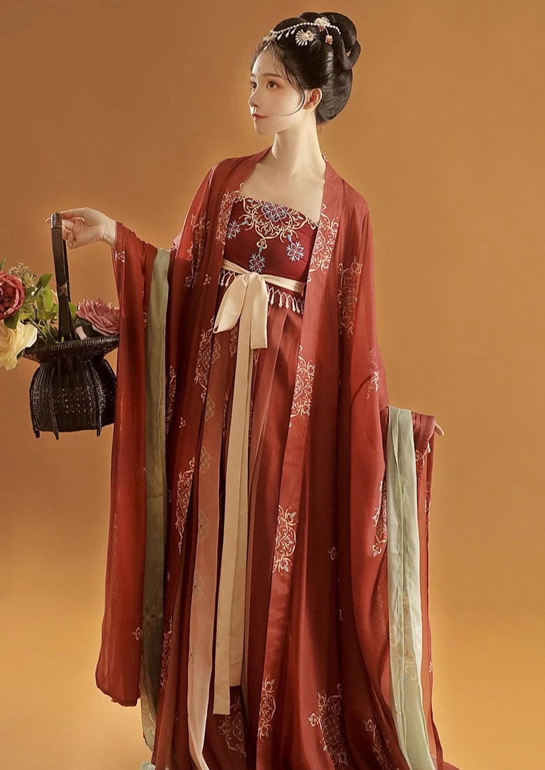 Women's Chiffon Vintage Floral Embroidered Red Hanfu Dress Set | HANFUBAO