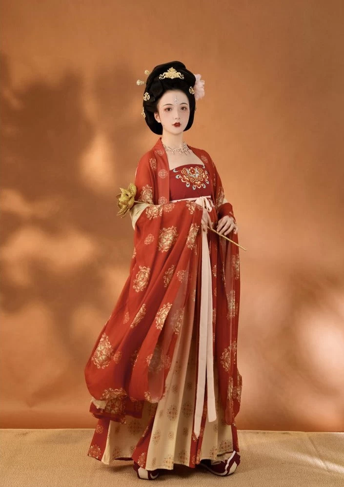 Women Modern Chiffon Hanfu Set Red Vintage Flower | HANFUBAO
