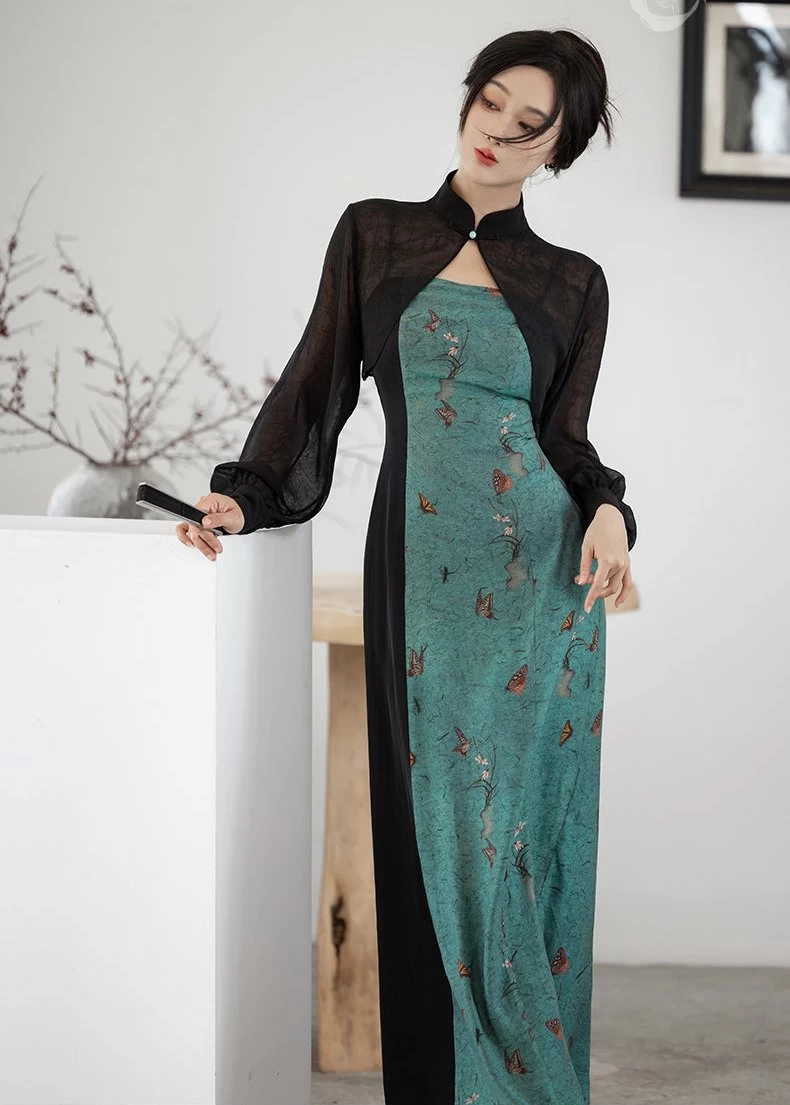 Women Modern 2-Piece Qipao Dress Set Azure Smoke Cotton Blend Daily Wear | HANFUBAO