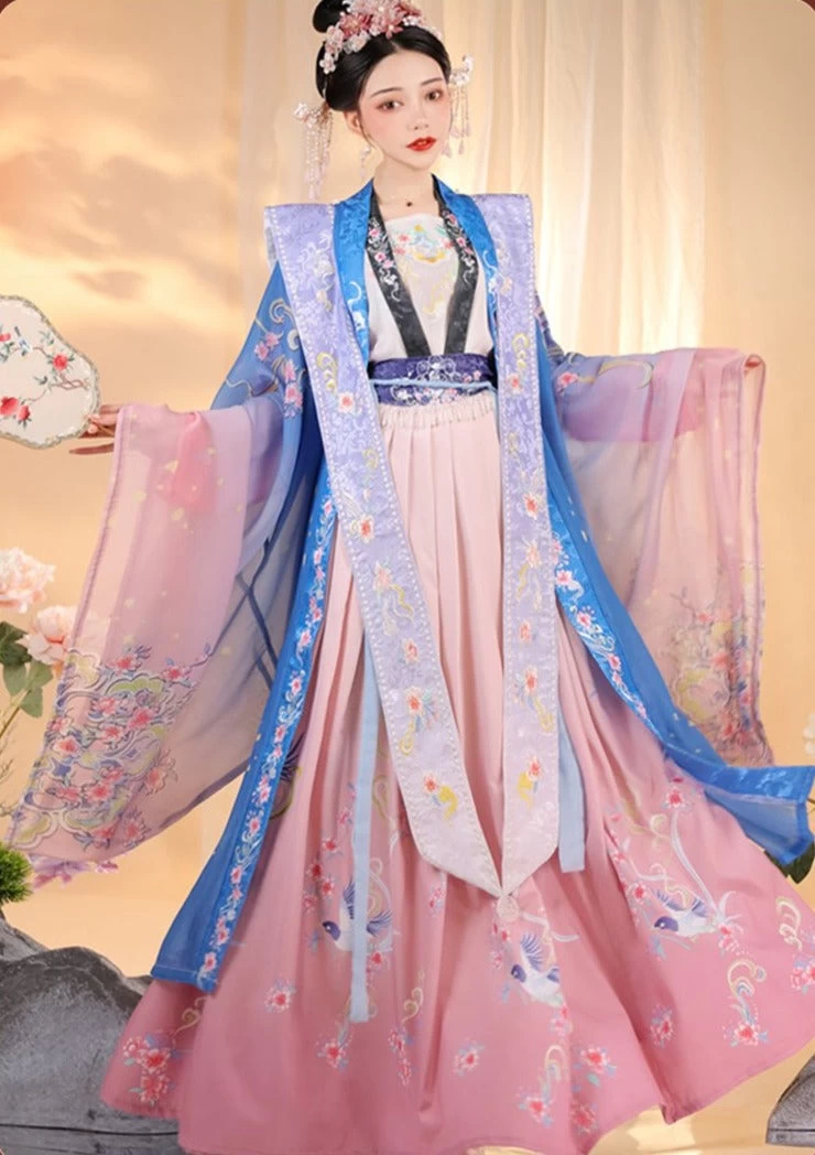 Women Modern Hanfu Set Blue Magpie Print & Flower Embroidery Ice Silk | HANFUBAO